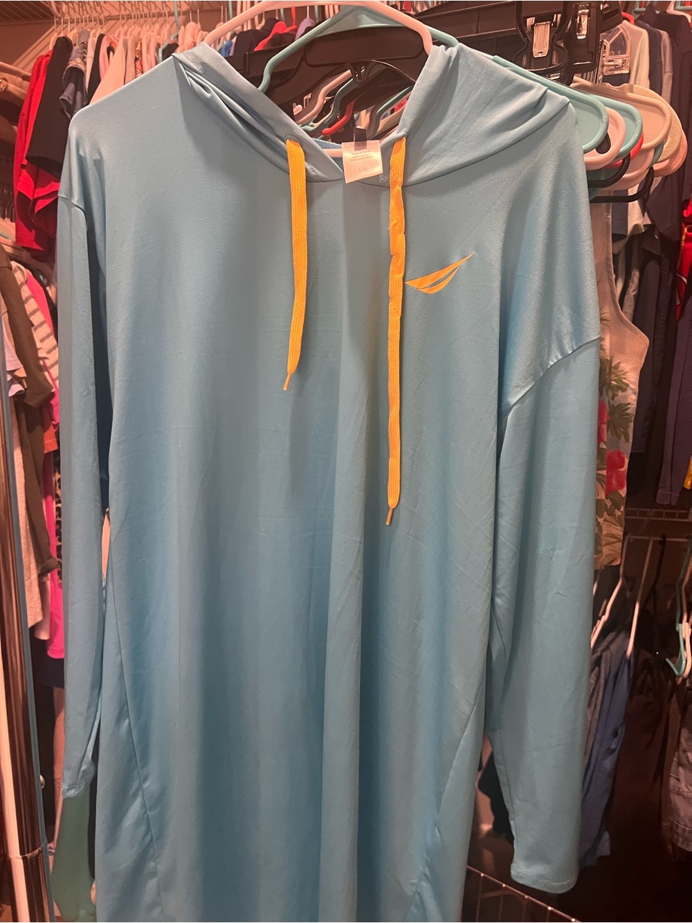 Nautica Light Blue Hooded Long-Sleeve Shirt with Yellow Accents